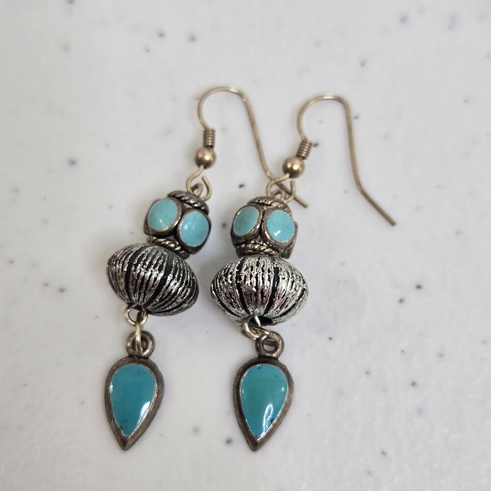 Faux Turquoise Earrings Boho Southwestern Western Blue Silver Tone Dangle